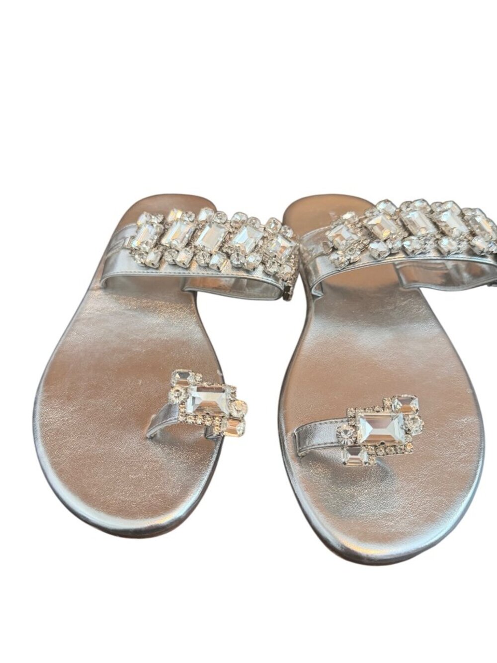 Azalea Wang Womens Size 10 Silver Rhinestone Embellished Slide Sandals With Toe